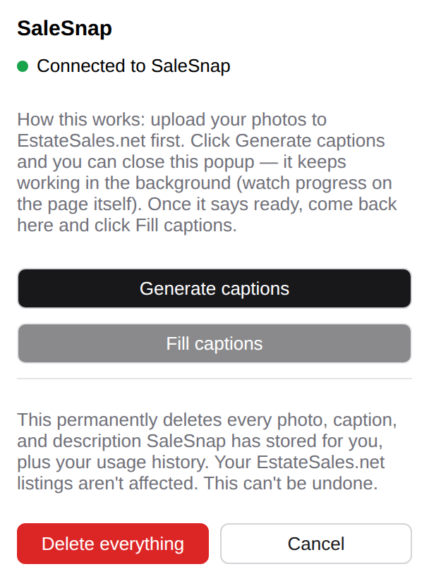 The SaleSnap popup asking to confirm permanent deletion, with Delete everything and Cancel buttons.