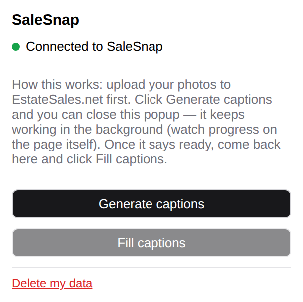 The SaleSnap popup with a Generate captions button.