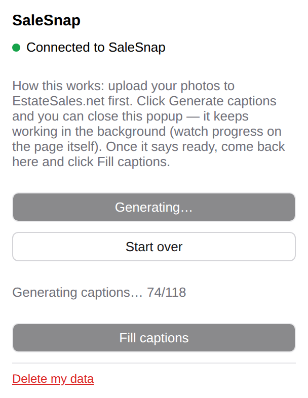 The SaleSnap popup showing 'Generating captions… 74/118'.