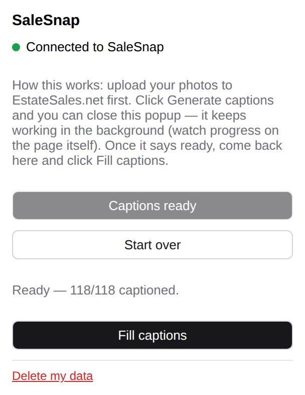 The SaleSnap popup showing all captions ready and a Fill captions button.